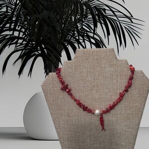 Elegant Red Beaded Necklace with Pearl Accent